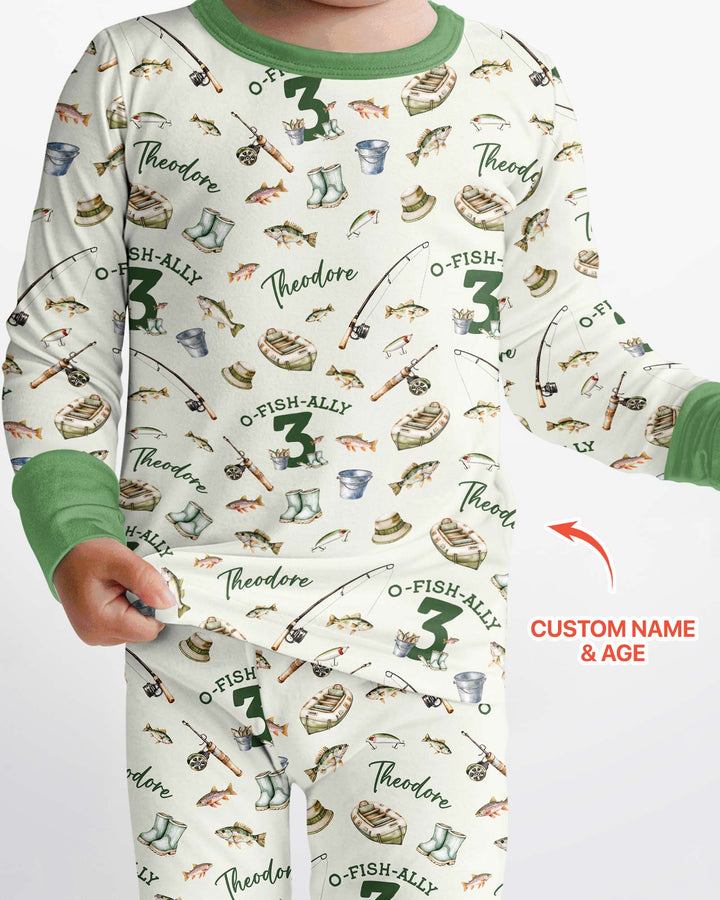 Personalized Fishing Birthday  Bamboo Two Piece Long Sleeve Pajama Set