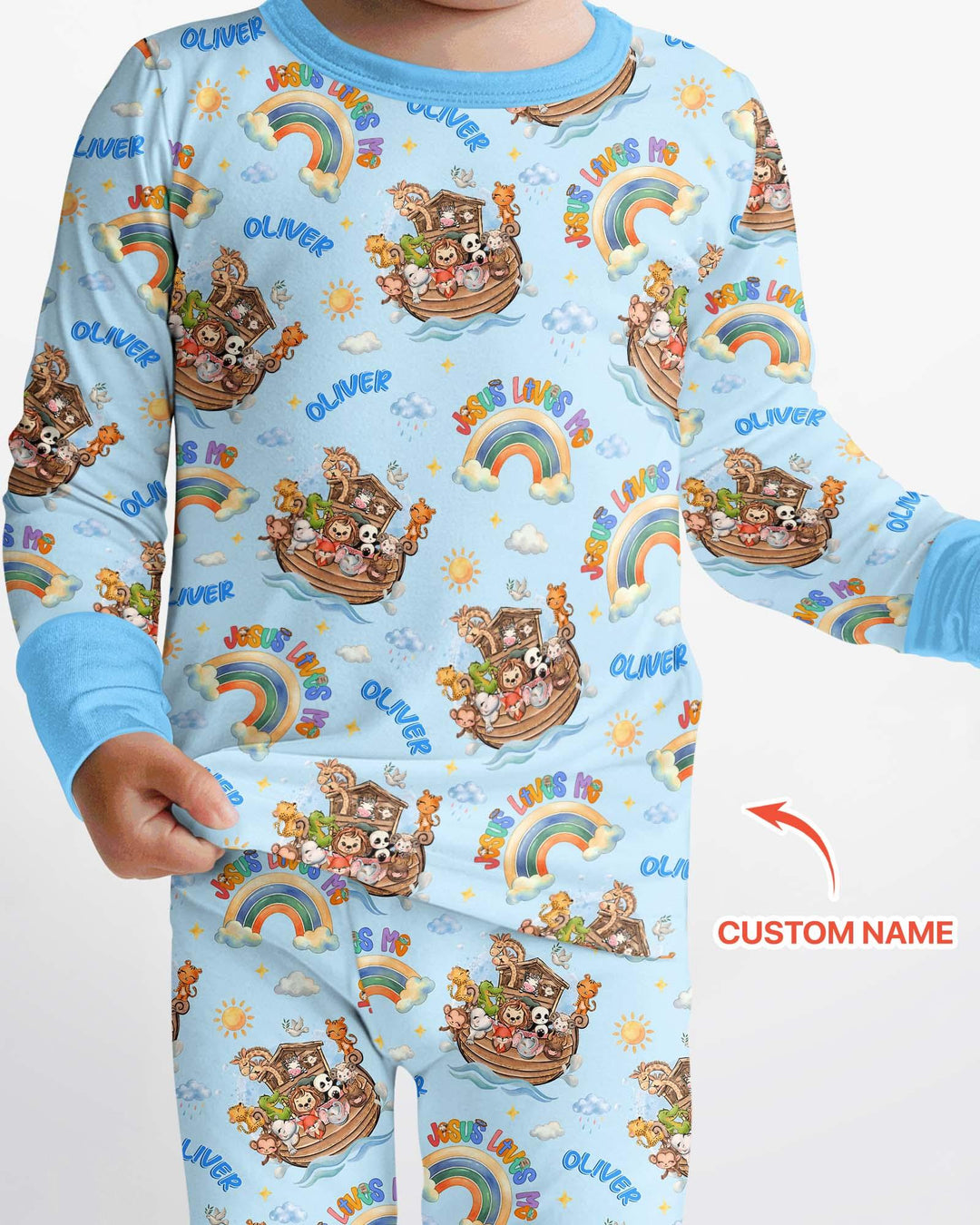 Custom Name Jesus Loves Me Noah's Ark Bamboo Two Piece Long Sleeve Pajama Set