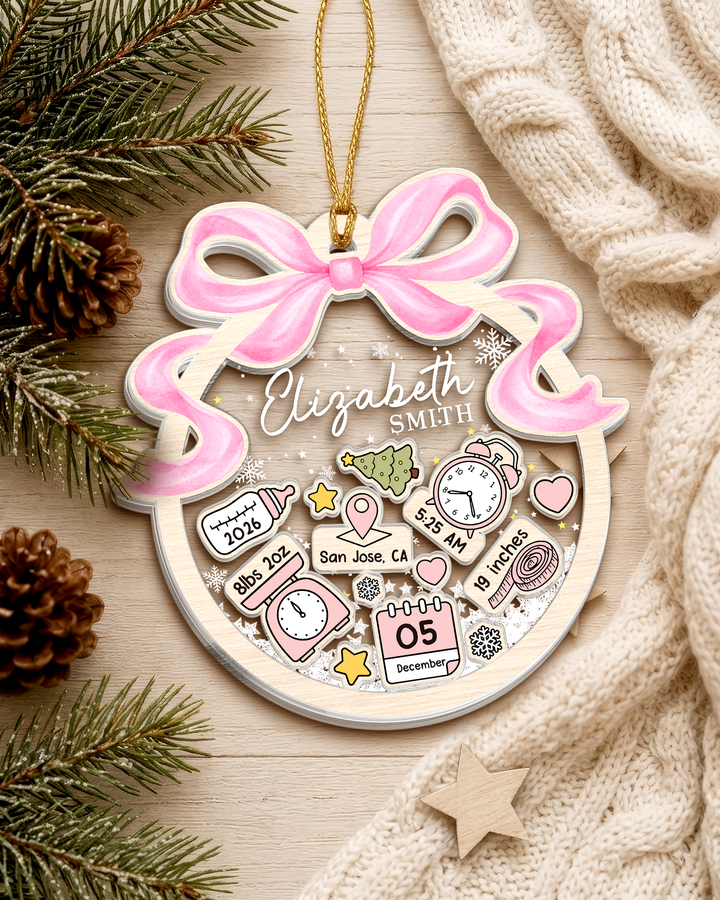 Personalized Baby's First Christmas Shaker Ornament-  Coquette Bow Newborn Keepsake