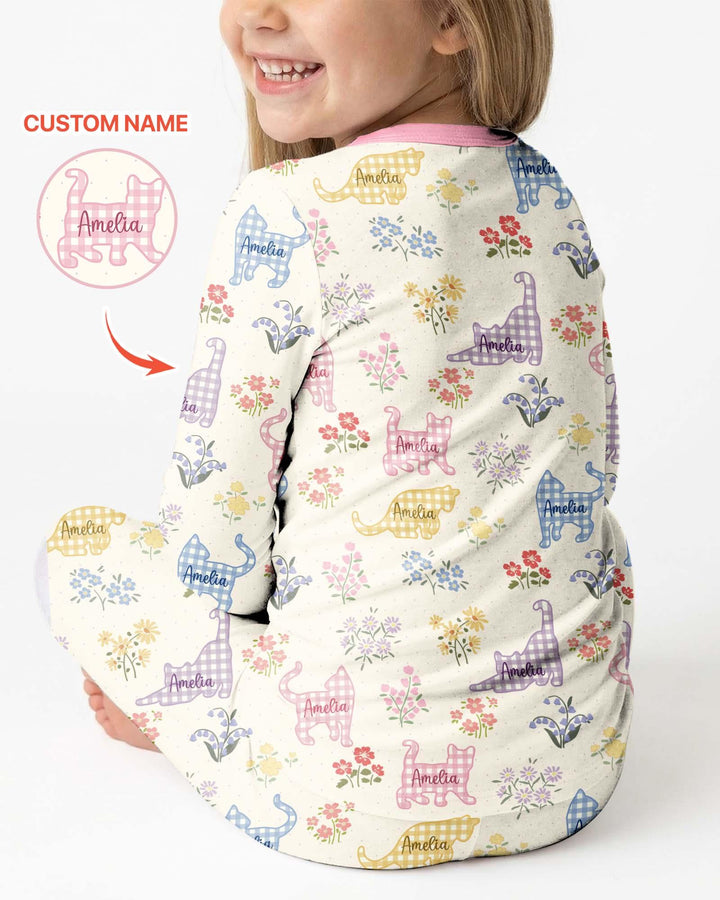 Gingham Cats Custom Name Bamboo Two Piece Long Sleeve Pajama Set