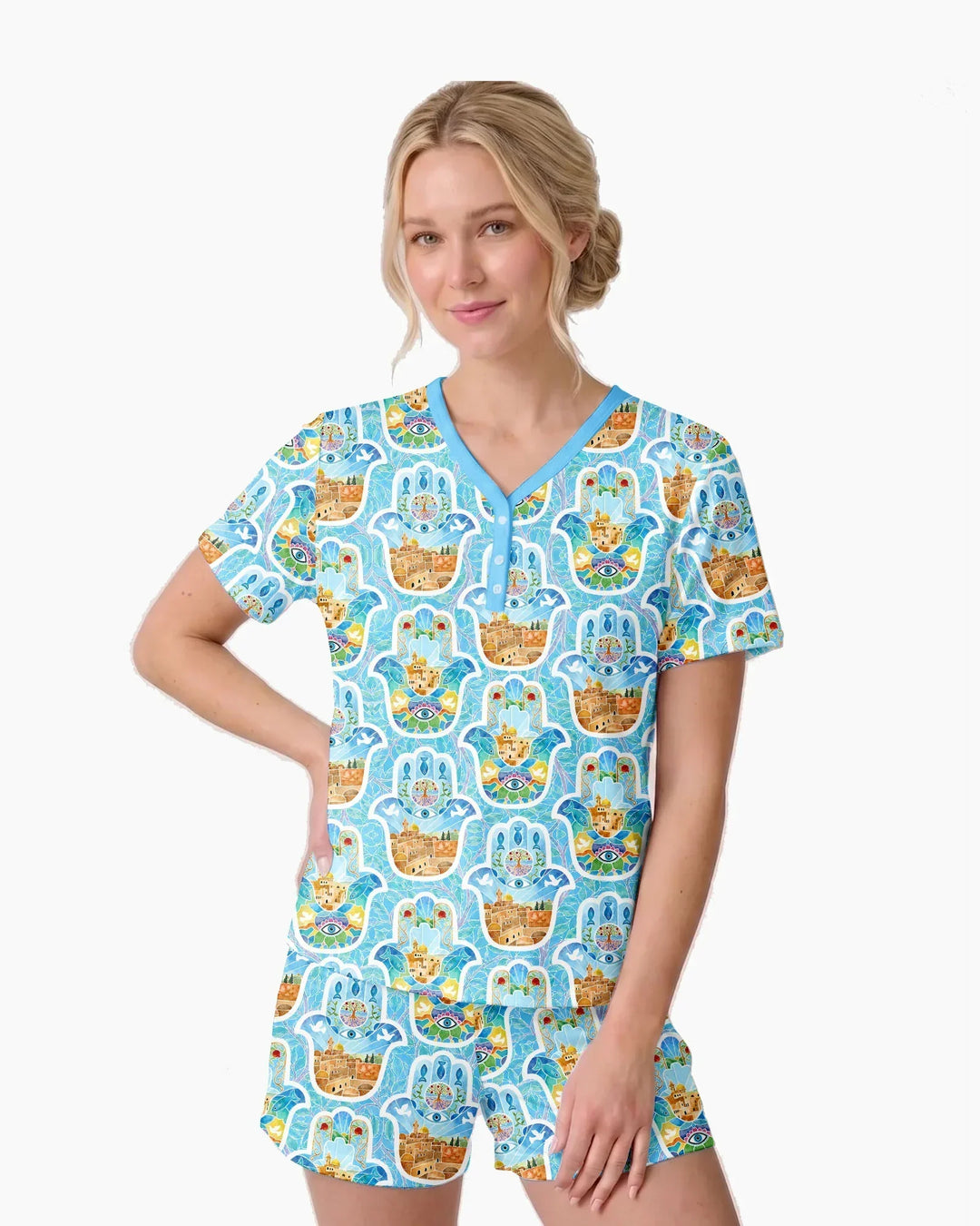 Hamsa Hand Bamboo Women Short Sleeve Short Pajama Set
