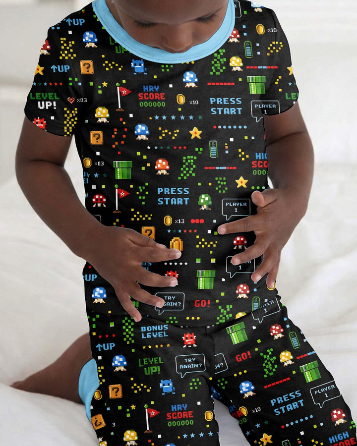 Conjunto de pijama de dos piezas de manga corta de bambú a juego para amantes de los juegos de píxeles