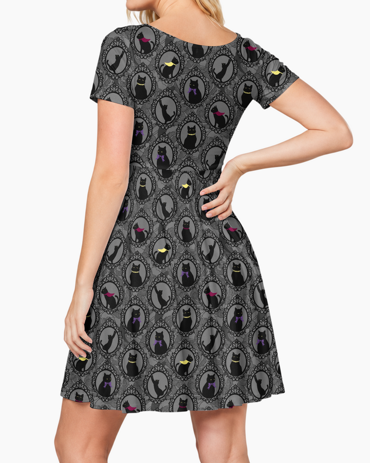 Midnight Cat Parade Bamboo Women’s Short Sleeve Twirl Dress