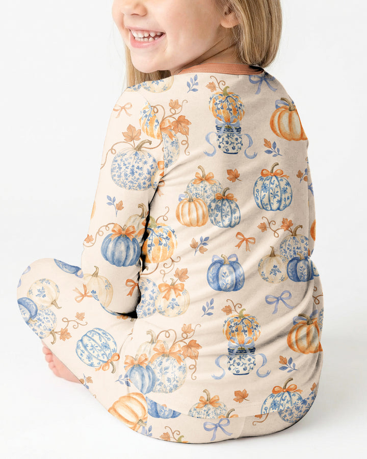 Preppy Blue and Orange Chinoiserie Pumpkin Bamboo Two Piece Long Sleeve Pajama Set