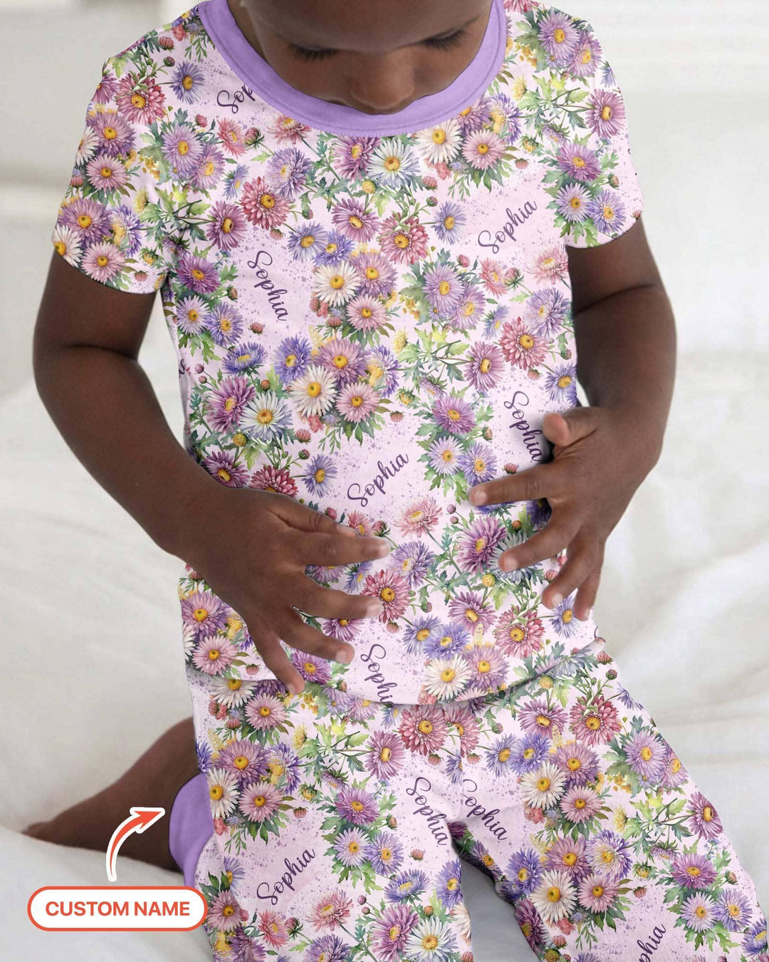 Custom Name Birth Month Flowers Bamboo Two Piece Short Sleeve Pajama Set