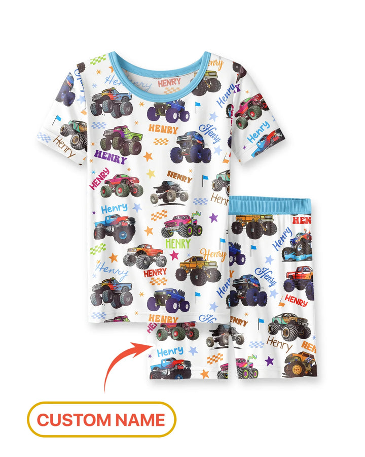 Monster Truck Custom Name Bamboo Two Piece Short Sleeve Shorts Pajama Set