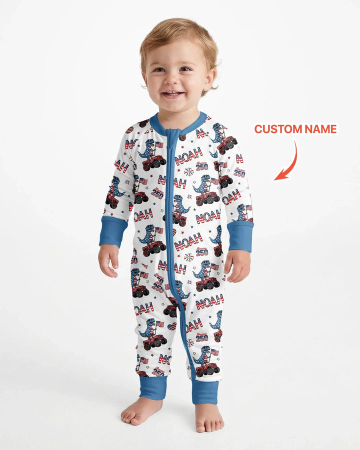 Custom Name American Flag Dinosaur Bamboo Convertible Zippy