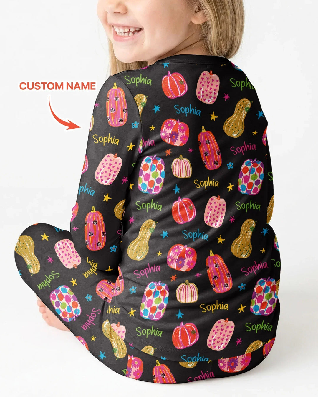 Custom Name Colorful Pumpkin Bamboo Two Piece Long Sleeve Pajama Set