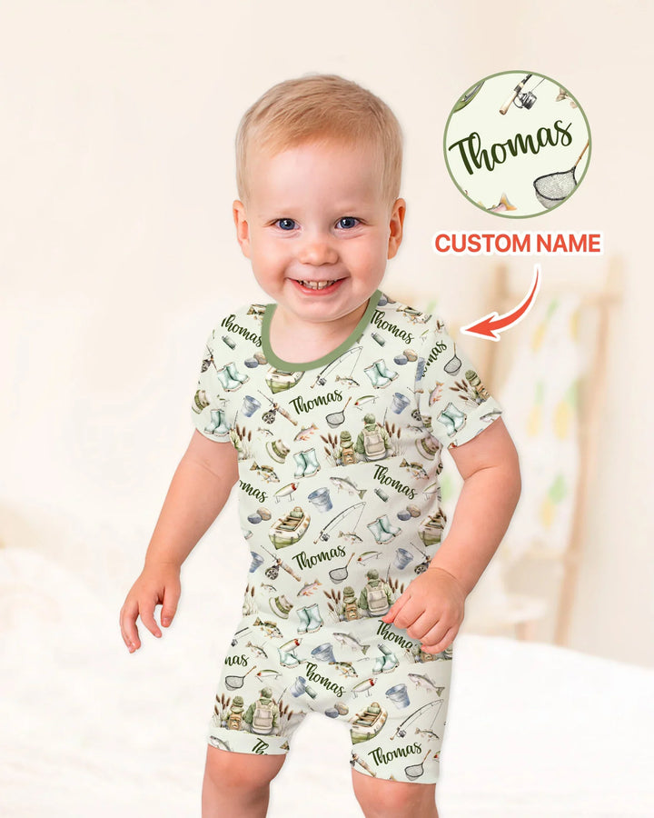 Custom Name Fishing Day Daddy & Me Matching Bamboo Two Piece Short Sleeve Shorts Pajama Set