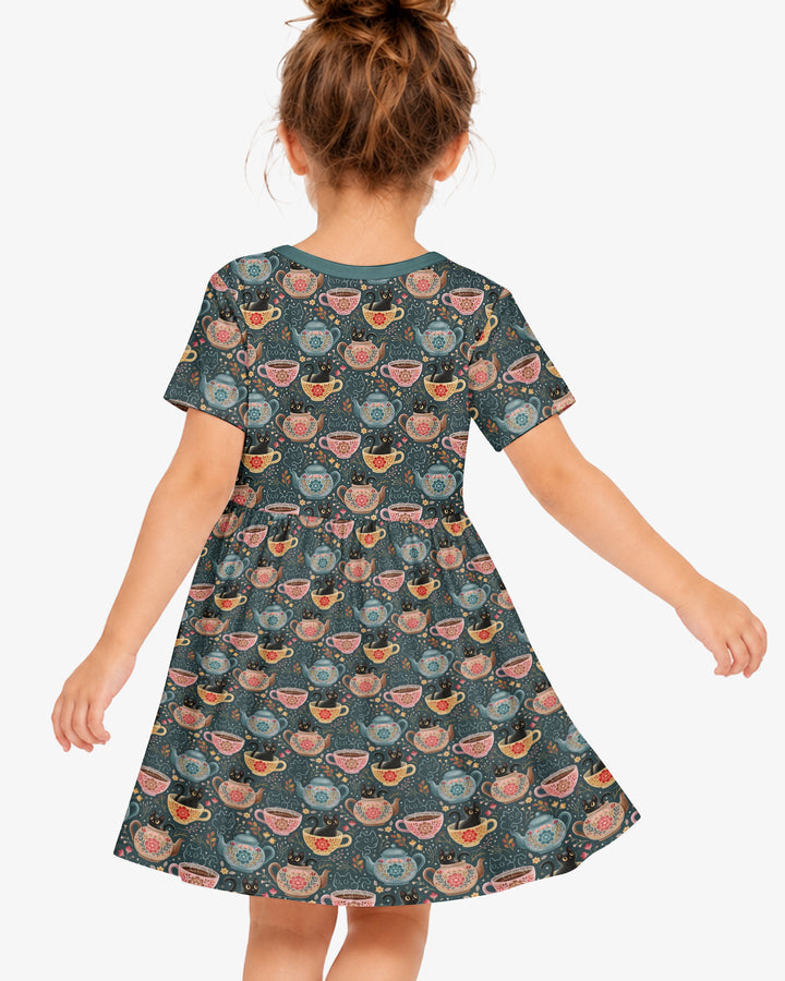 Folk Floral Black Cat Tea Party Bamboo Twirl Dress