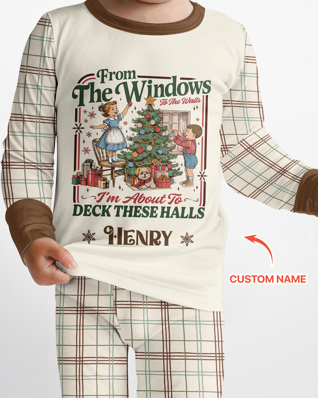 Custom Name Vintage Deck The Halls Bamboo Two Piece Long Sleeve Pajama Set