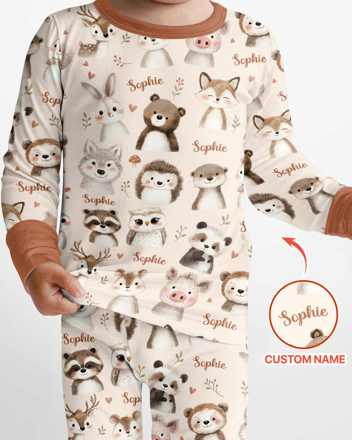 Custom Name Watercolor Woodland Bamboo Two Piece Long Sleeve Pajama Set