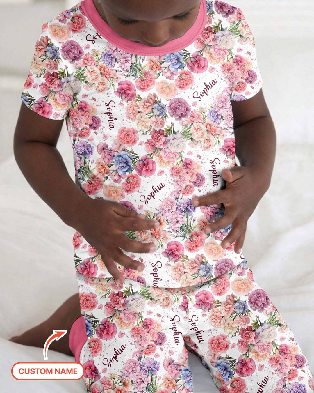 Custom Name Birth Month Flowers Bamboo Two Piece Short Sleeve Pajama Set