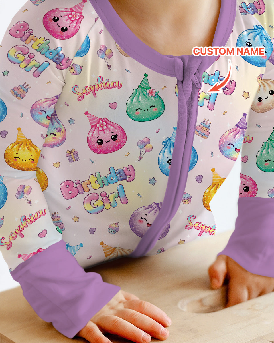 Custom Name Glitter Dumpling Birthday Girl Bamboo Convertible Zippy
