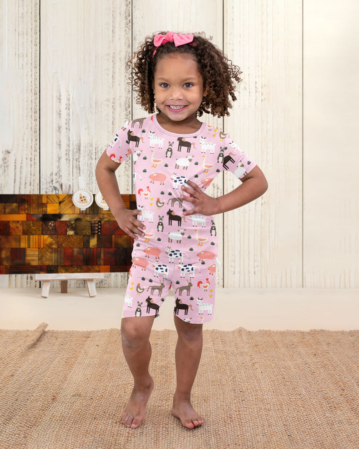 Rosa Bauernhoftiere Bambus Zweiteiliger Kurzarm Shorts Pyjama-Set