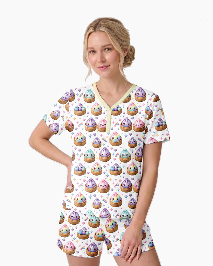 Cute Glitter Dumpling Bamboo Women Short Sleeve Short Pajama Set