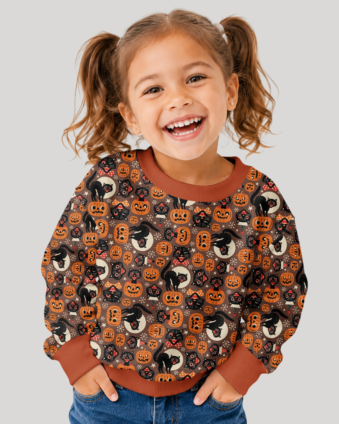 Vintage Halloween Black Cat Pumpkin Bamboo Crewneck Sweatshirt