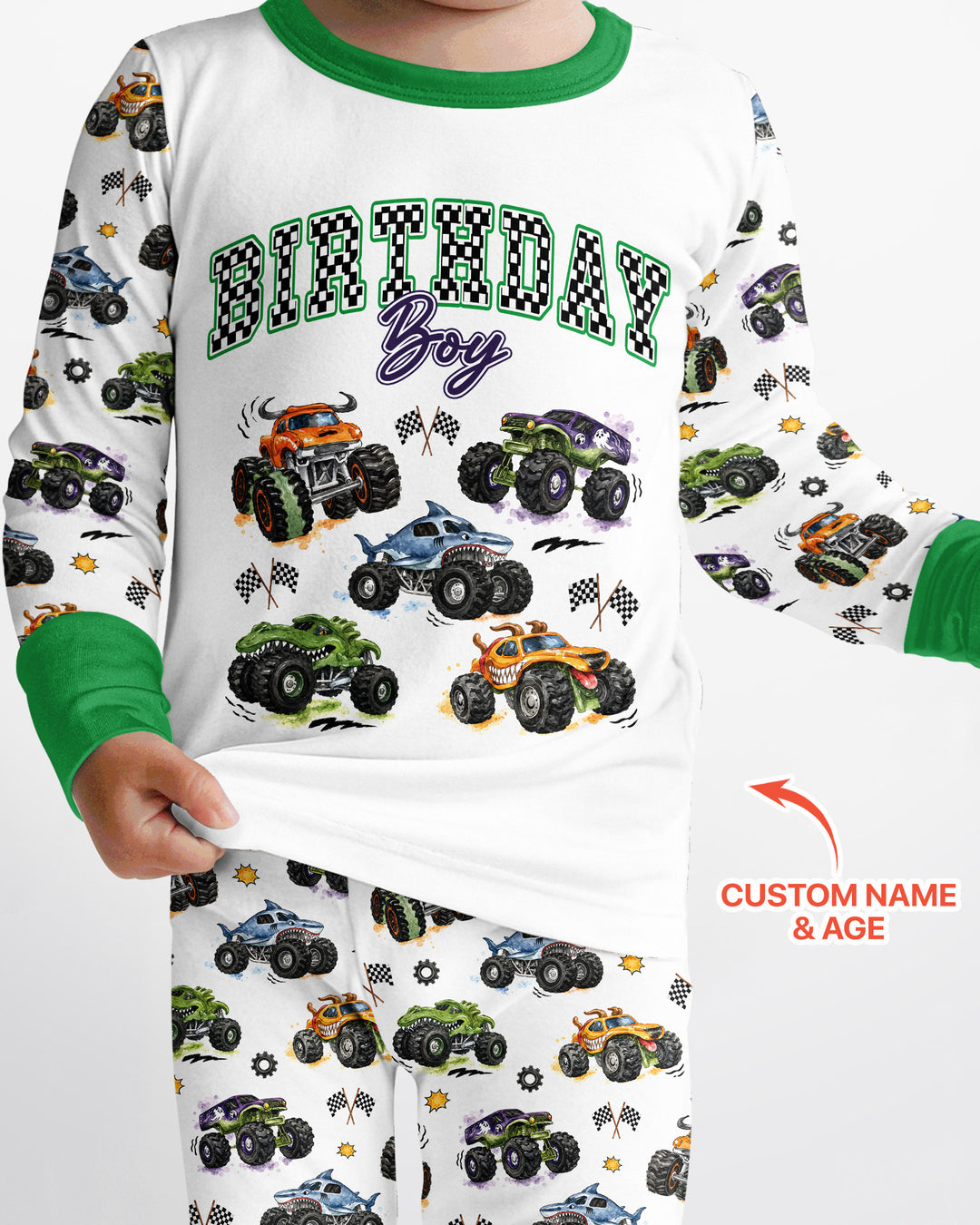Personalized Monster Truck Birthday Bamboo Two Piece Long Sleeve Pajama Set