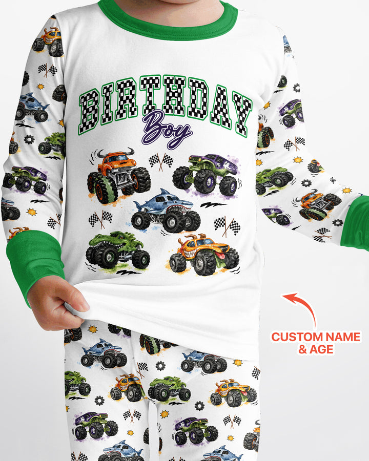 Personalized Monster Truck Birthday Bamboo Two Piece Long Sleeve Pajama Set