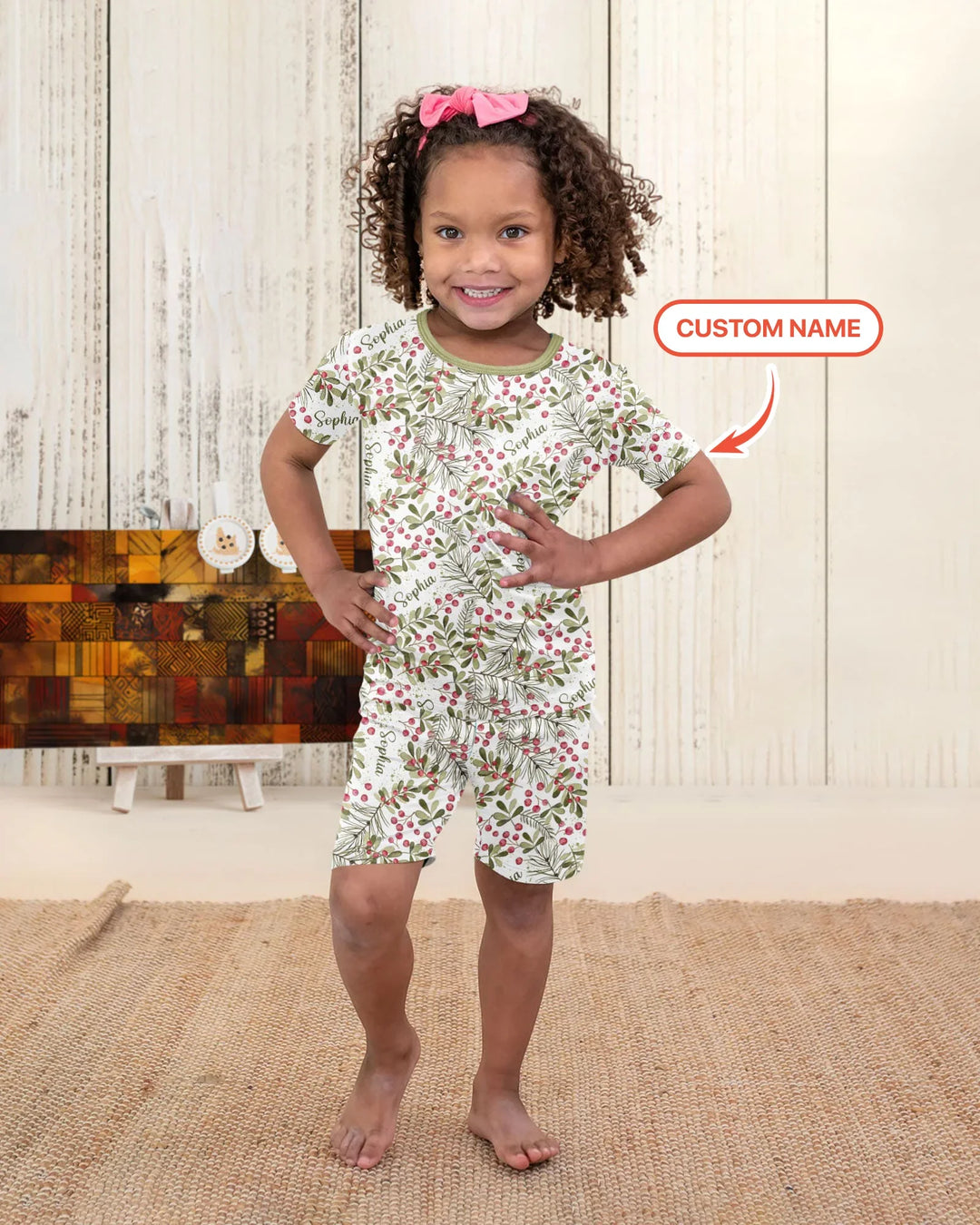 Custom Name Birth Month Flowers Bamboo Two Piece Short Sleeve Shorts Pajama Set