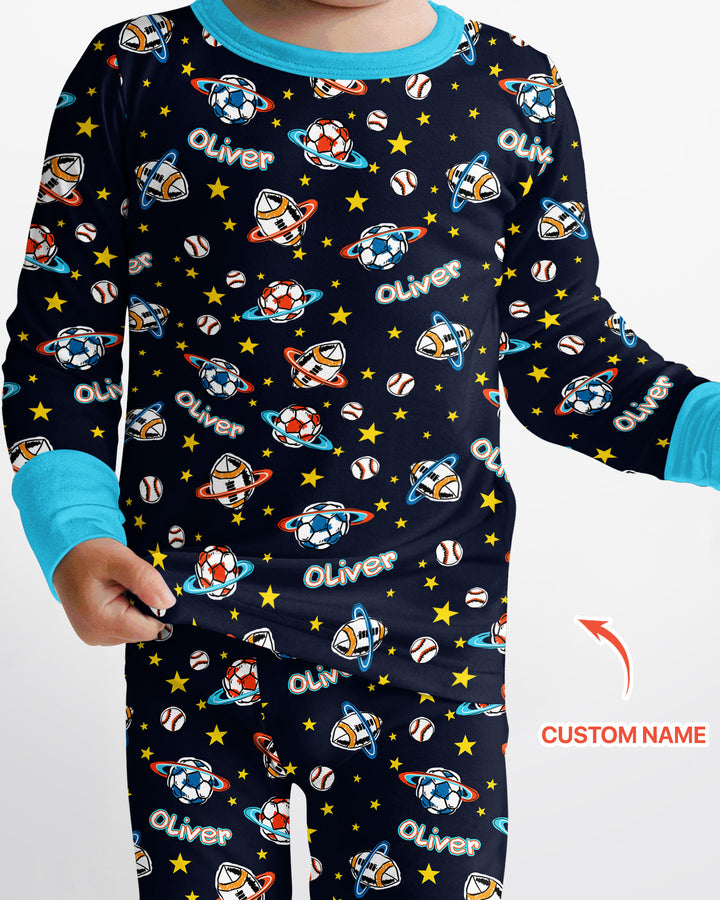 Custom Name Space Sport Bamboo Two Piece Long Sleeve Pajama Set