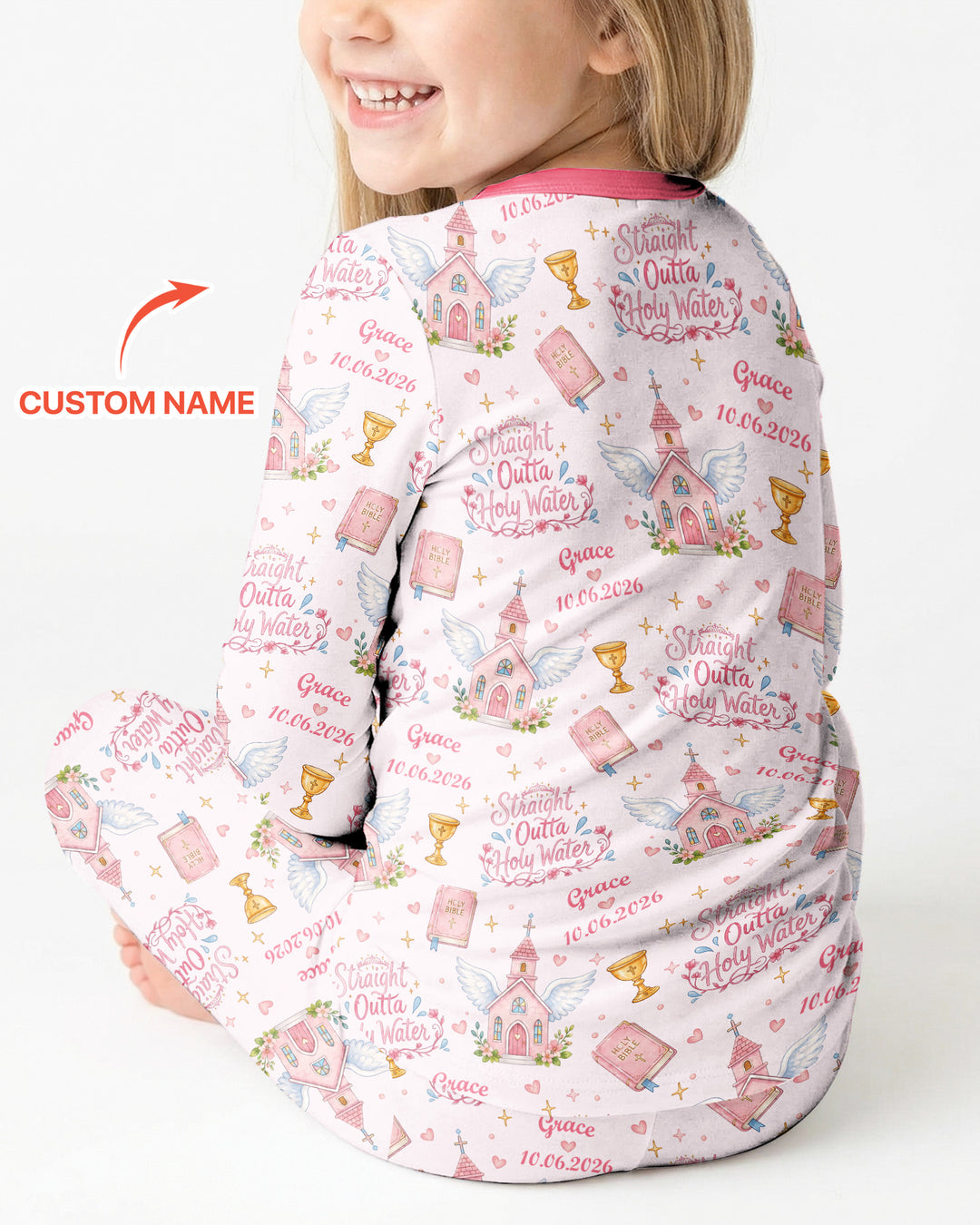Custom Name Baptism Christening Straight Outta Holy Water Bamboo Two Piece Long Sleeve Pajama Set
