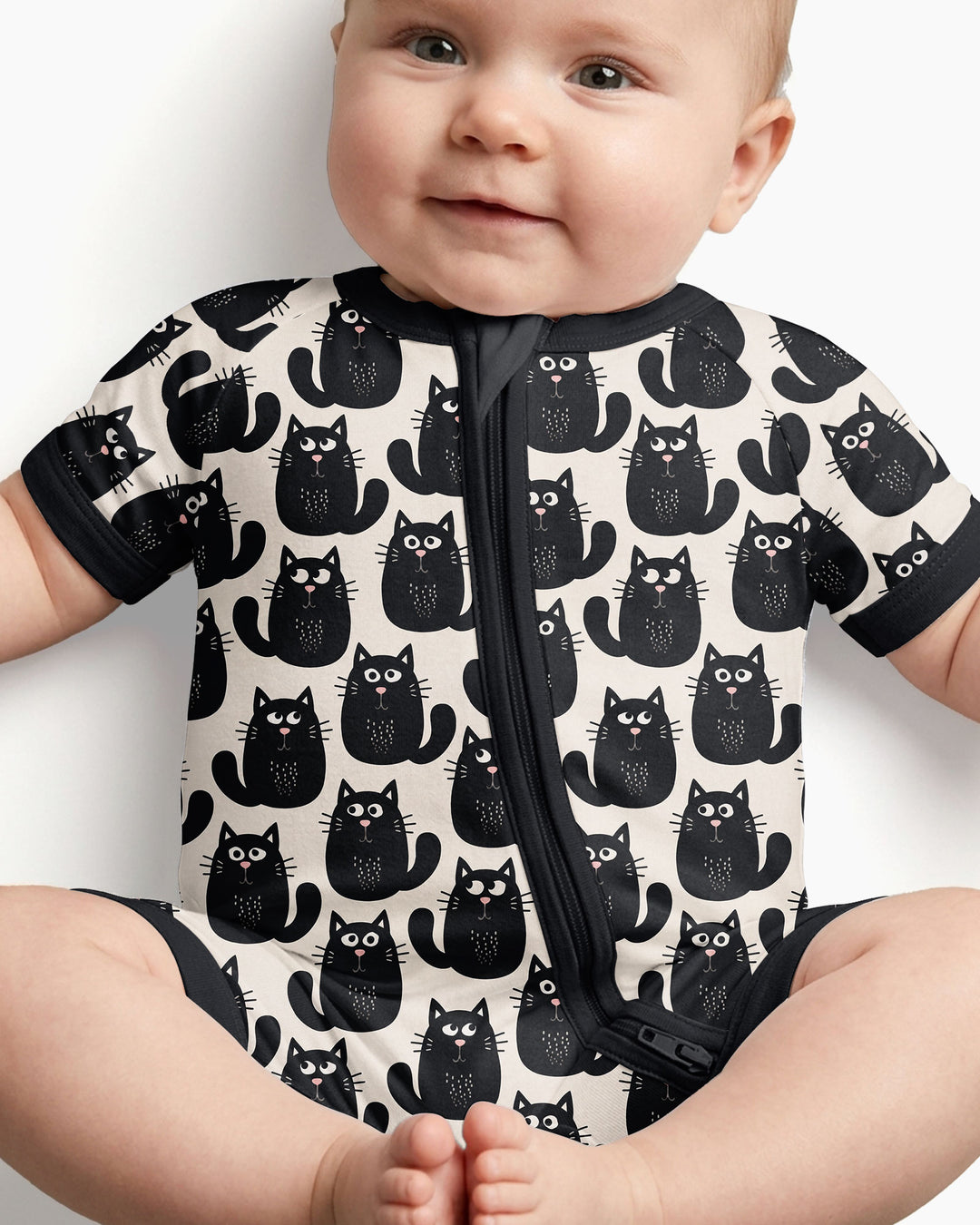 Moody Black Cats in Black and White Bamboo Shorty Zippy