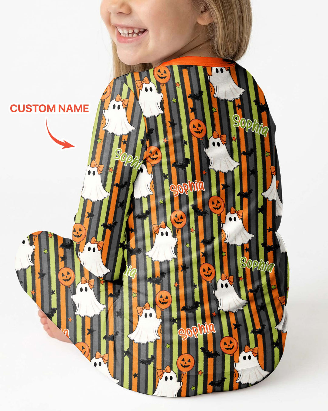 Custom Name Ghost Holding Balloon Bamboo Two Piece Long Sleeve Pajama Set