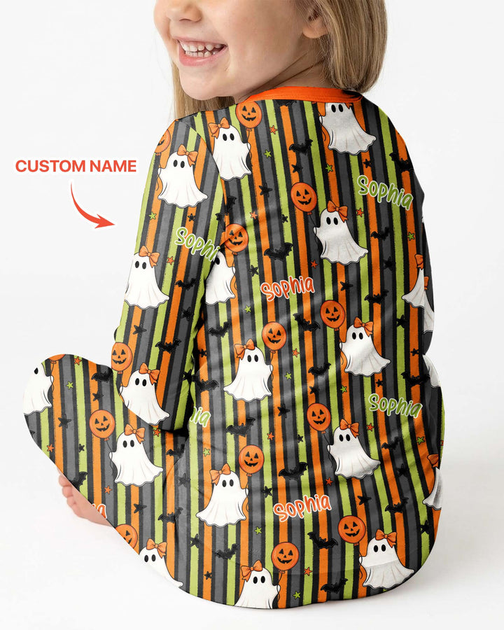 Custom Name Ghost Holding Balloon Bamboo Two Piece Long Sleeve Pajama Set