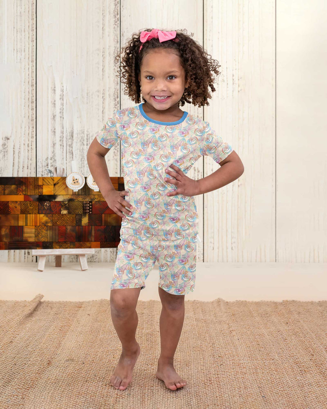 Pastel Halloween Jack O Lanterns Bamboo Two Piece Short Sleeve Shorts Pajama Set
