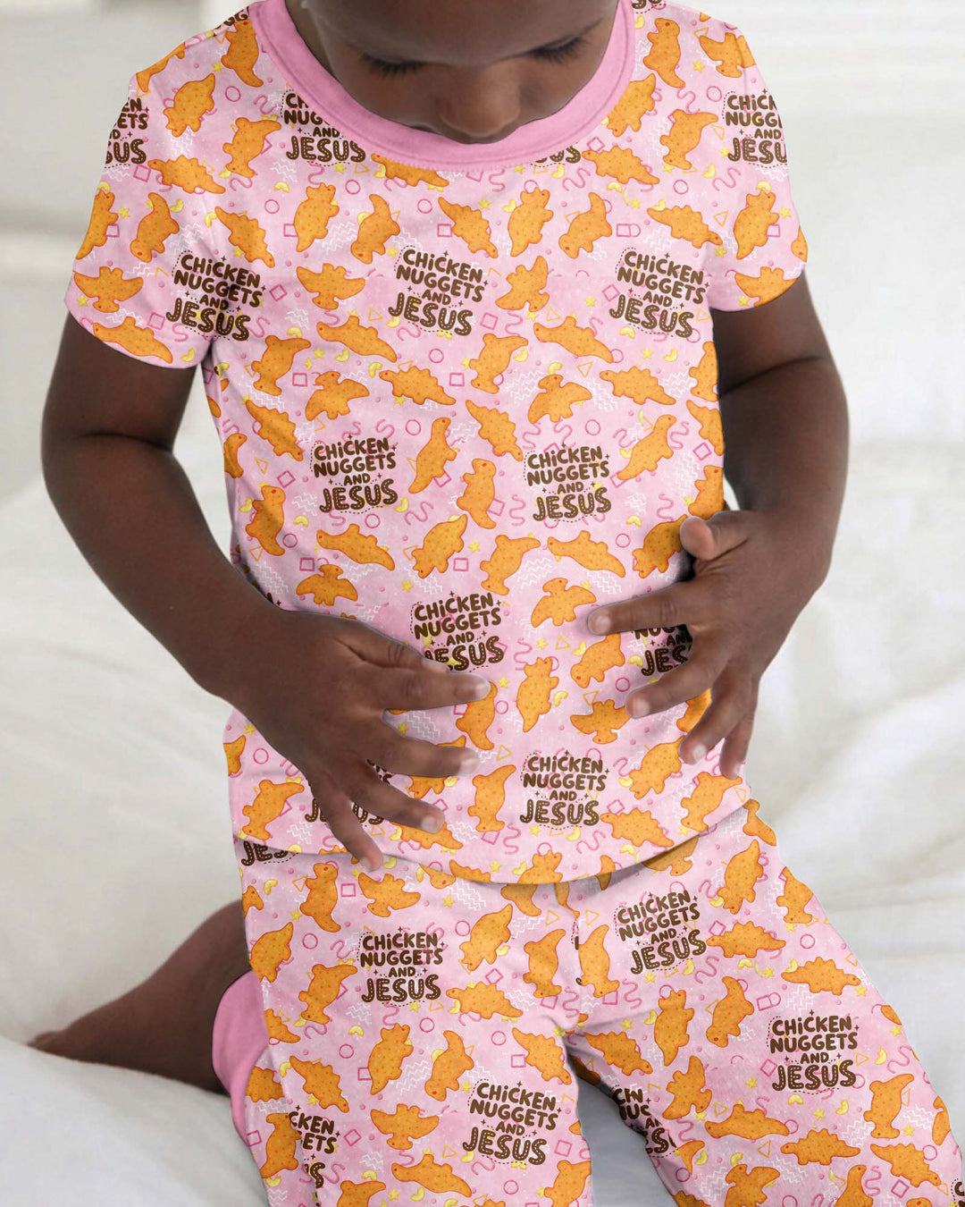 Chicken Nuggets and Jesus Family MatchingBamboo Two Piece Short Sleeve Pajama Set