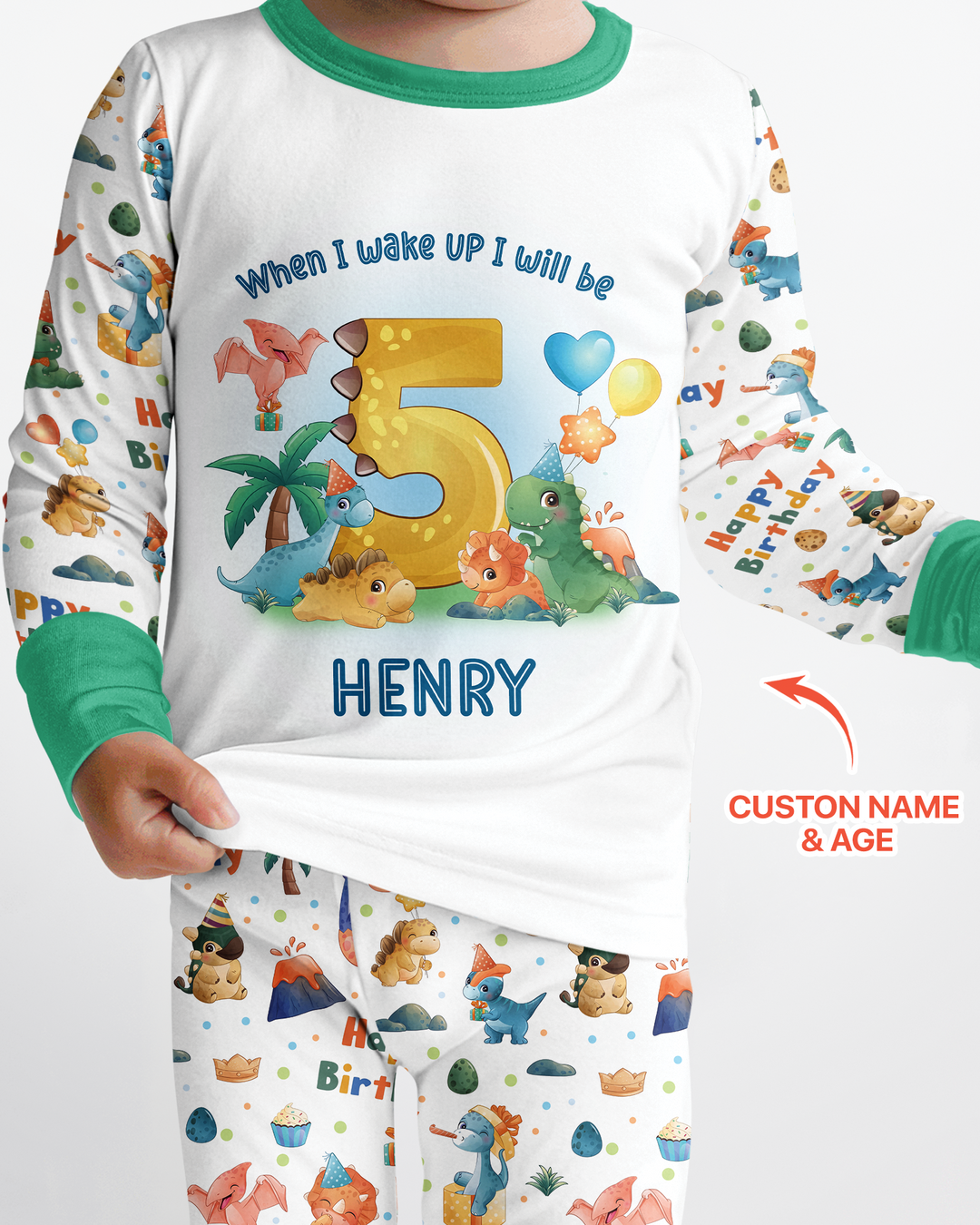 Custom Name When I Wake Up Birthday Dino Bamboo Two Piece Long Sleeve Pajama Set