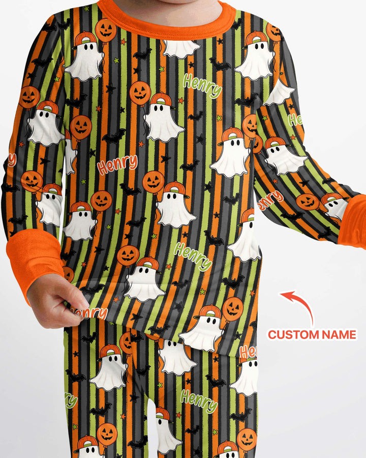 Custom Name Ghost Holding Balloon Bamboo Two Piece Long Sleeve Pajama Set