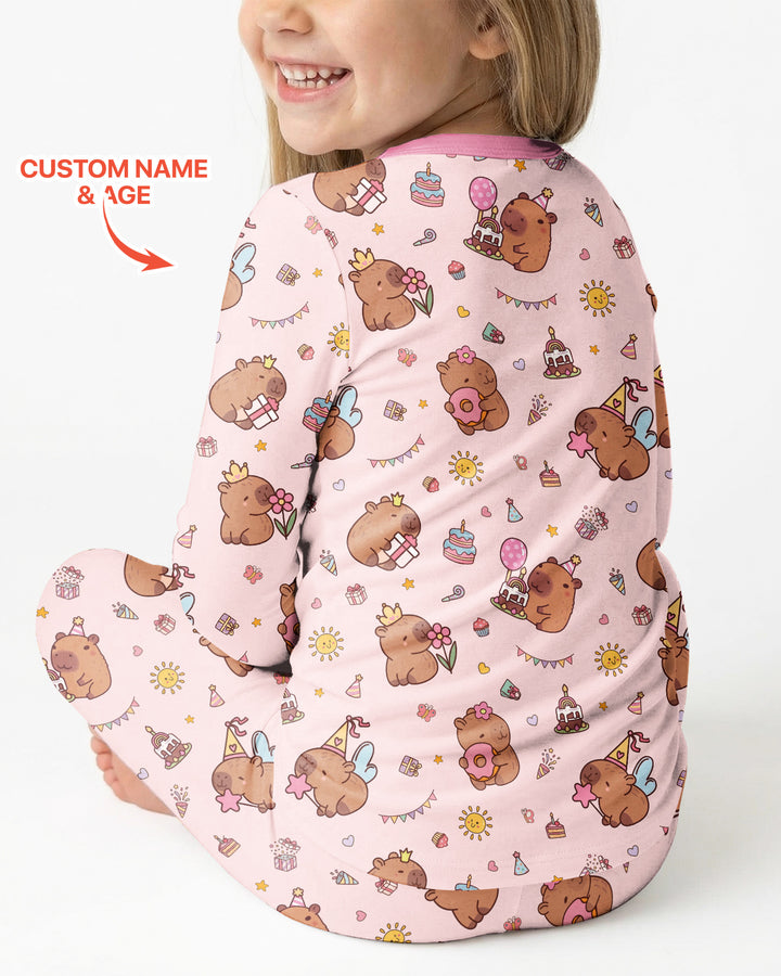 Personalized Capy Birthday Girl Bamboo Two Piece Long Sleeve Pajama Set