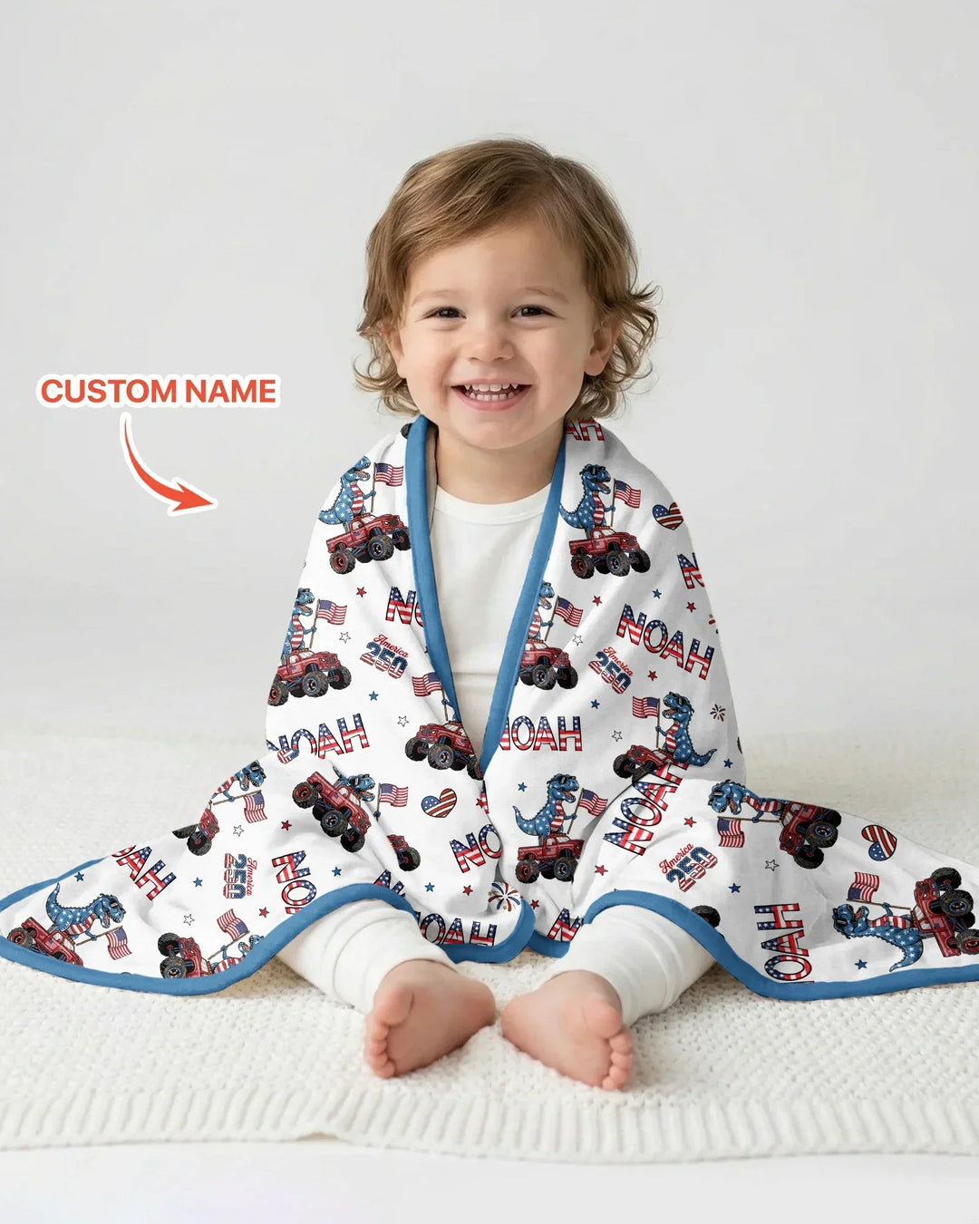 Custom Name American Flag Dinosaur Bamboo Blanket