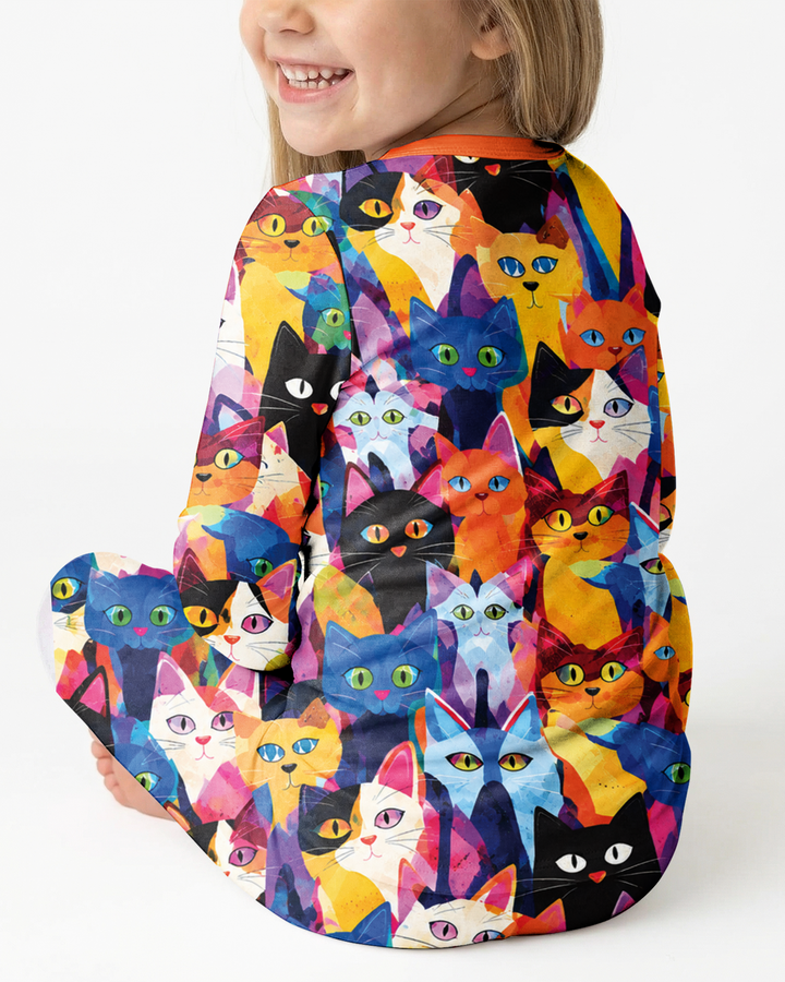 Cartoon Abstract Kitten Pattern Bamboo Two Piece Long Sleeve Pajama Set