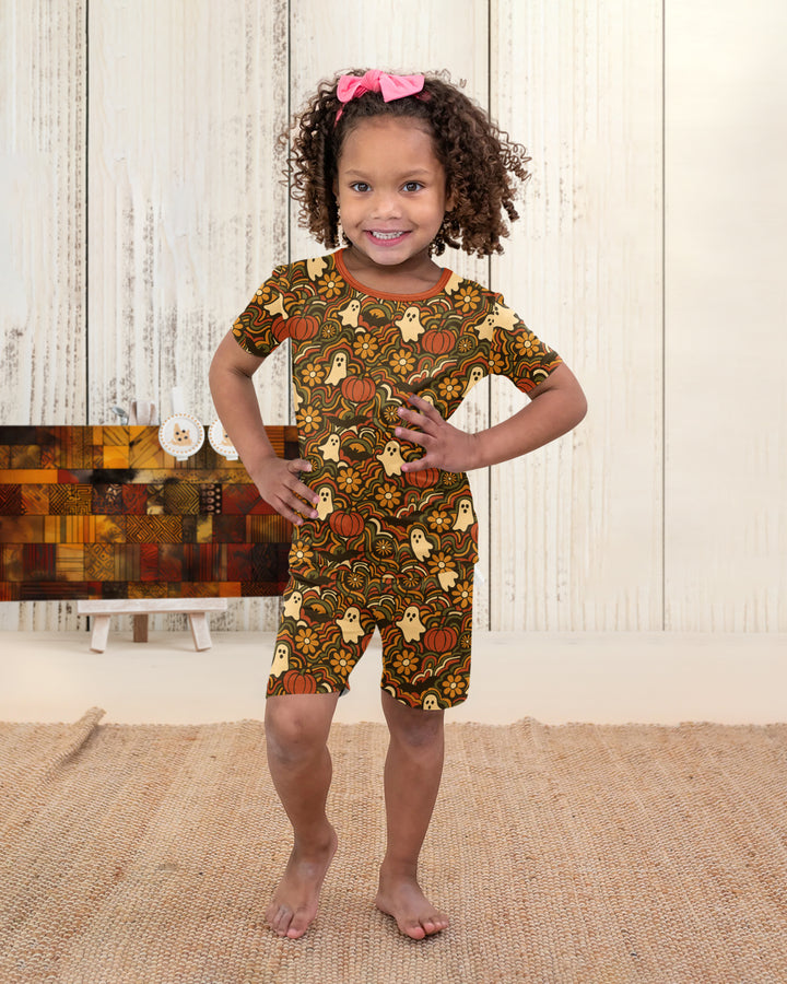 Retro Halloween Ghost Pumpkin Floral Bamboo Two Piece Short Sleeve Shorts Pajama Set