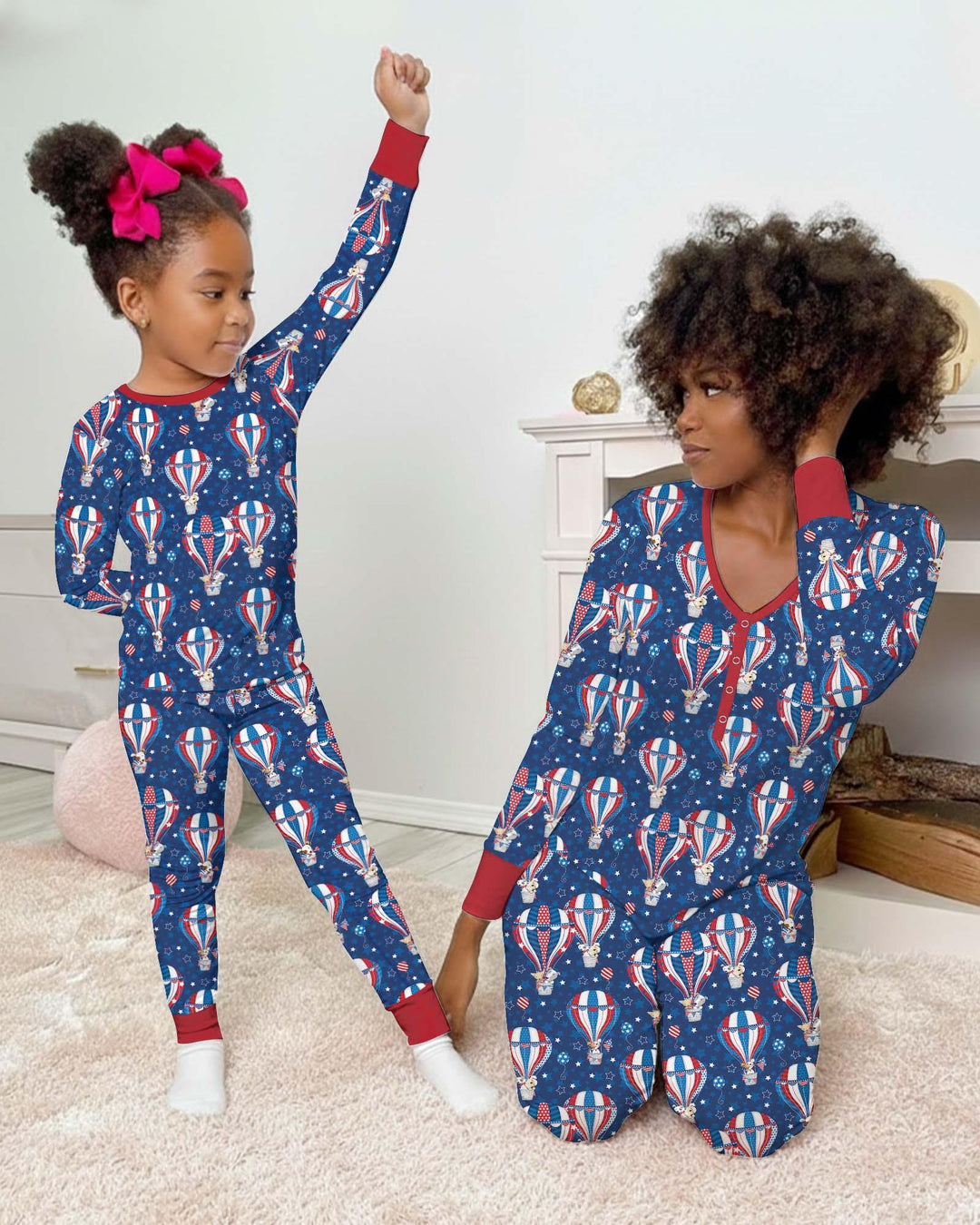 Conjunto de pijama de bambú para mujer a juego con la familia, diseño de cachorros patrióticos en globos aerostáticos