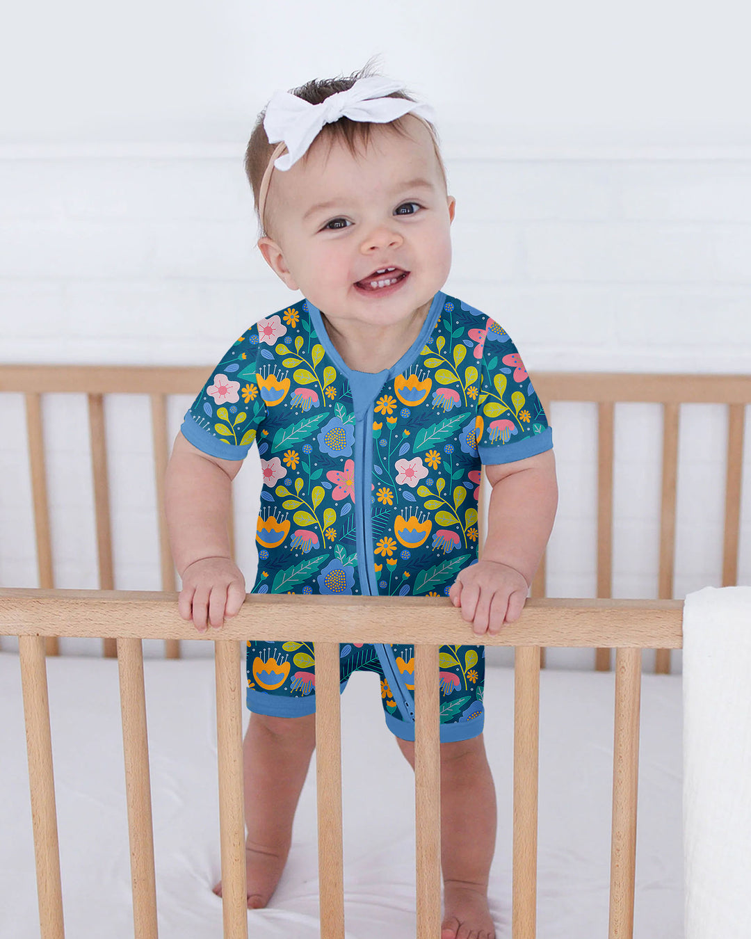 Folk Floral Bamboo Shorty Zippered Romper