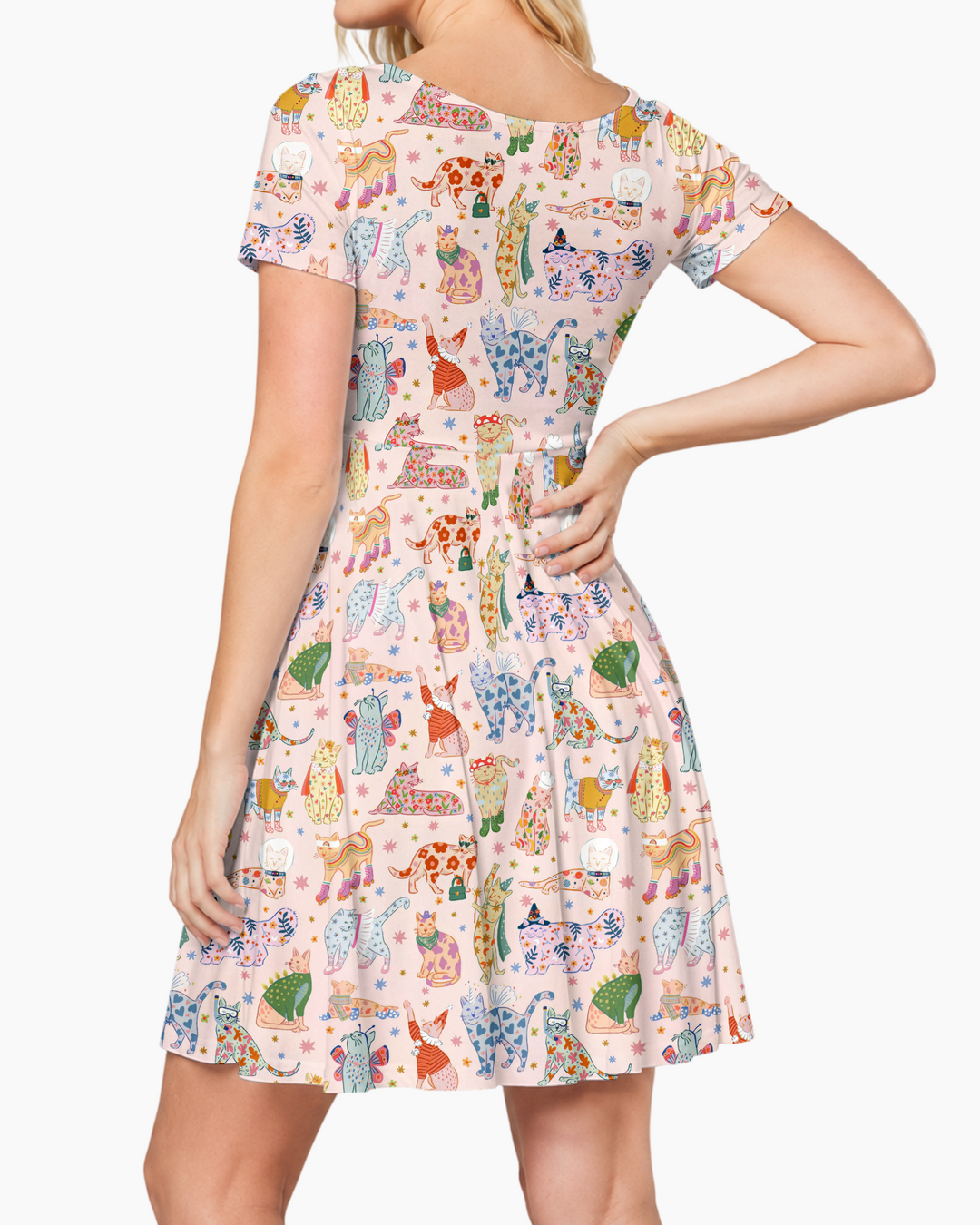 Whimsical Cat Parade Bamboo Women’s Short Sleeve Twirl Dress