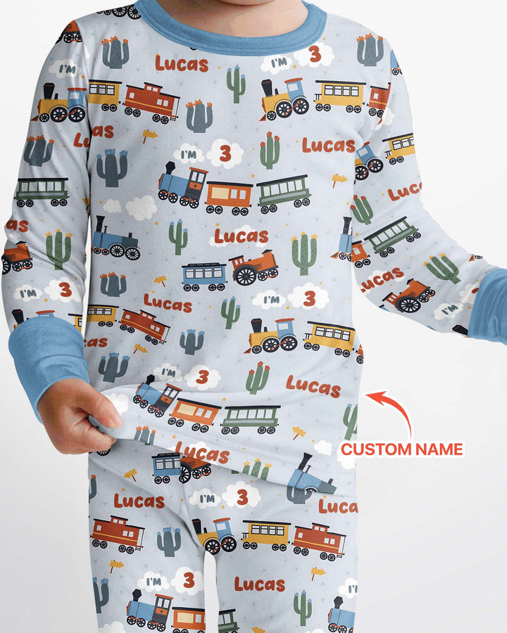 Personalized Train Birthday Bamboo Two Piece Long Sleeve Pajama Set