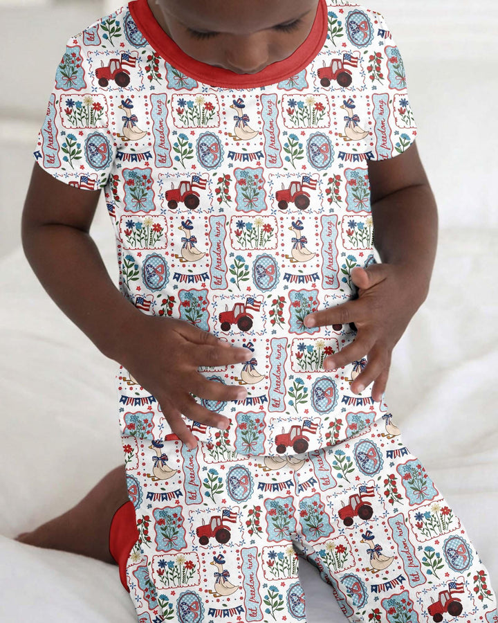 Pijama de dos piezas de bambú de manga corta a juego para la familia, diseño de ganso tonto, estilo patriótico de EE. UU.