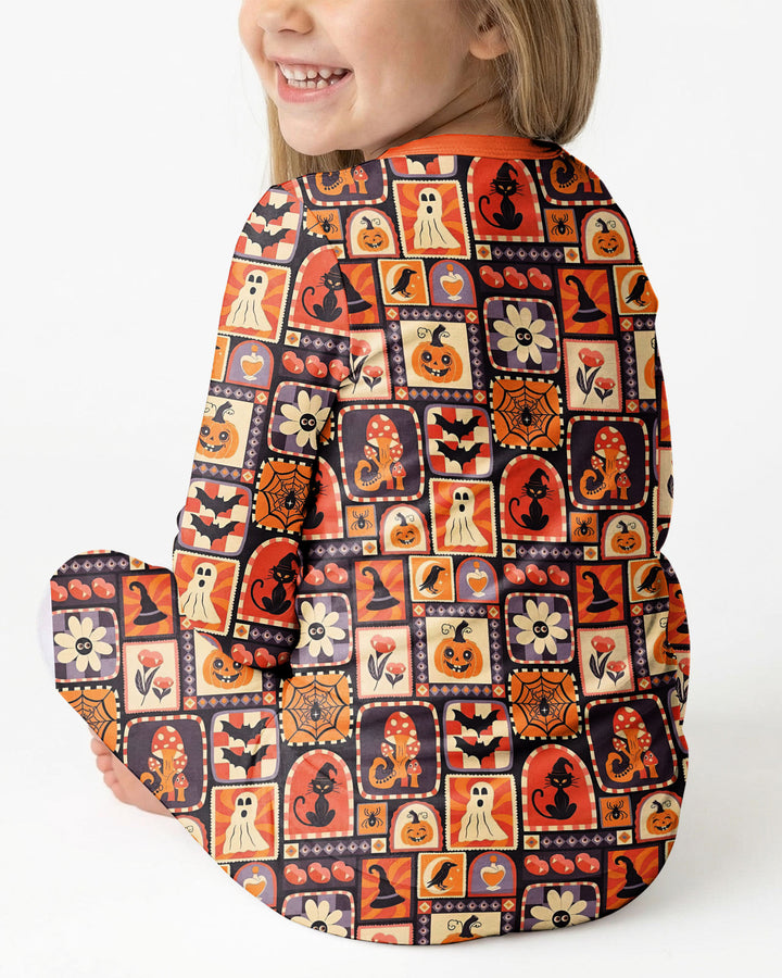 Retro Halloween Patchwork Icons Bamboo Two Piece Long Sleeve Pajama Set