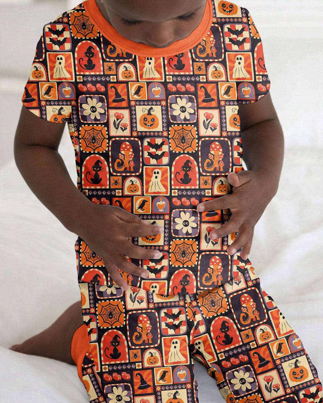 Retro Halloween Patchwork Icons Bamboo Two Piece Short Sleeve Pajama Set