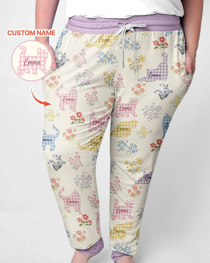 Gingham Cats Custom Name Bamboo Women Pajama Set