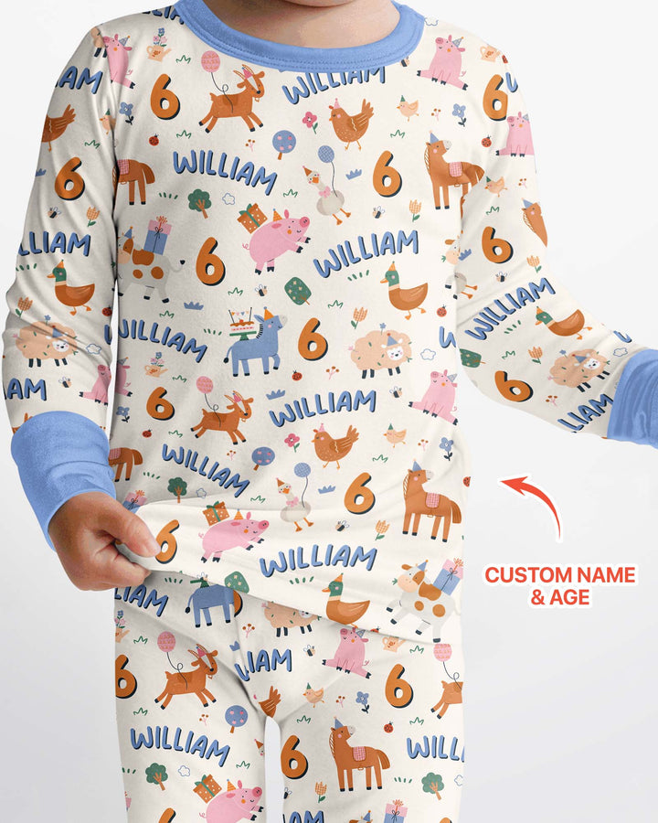 Personalized Farm Animals Birthday Bamboo Two Piece Long Sleeve Pajama Set