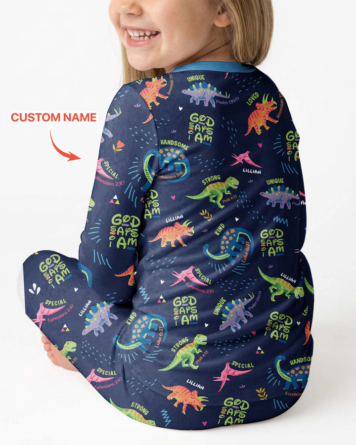 Custom Name God says I am Dinosaur Bamboo Two Piece Long Sleeve Pajama Set