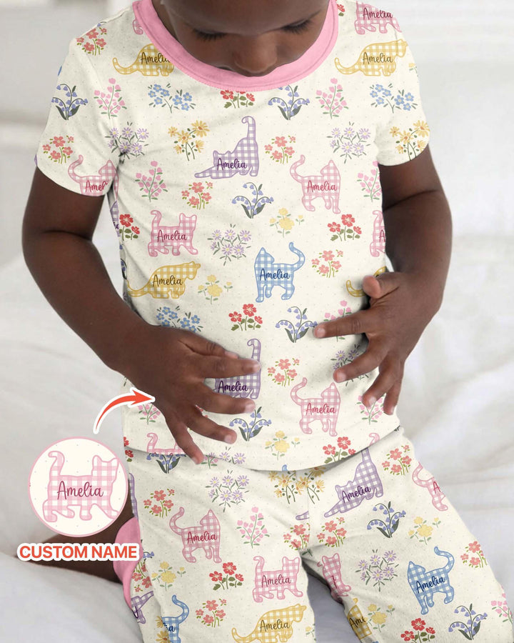 Gingham Cats Custom Name Bamboo Two Piece Short Sleeve Pajama Set