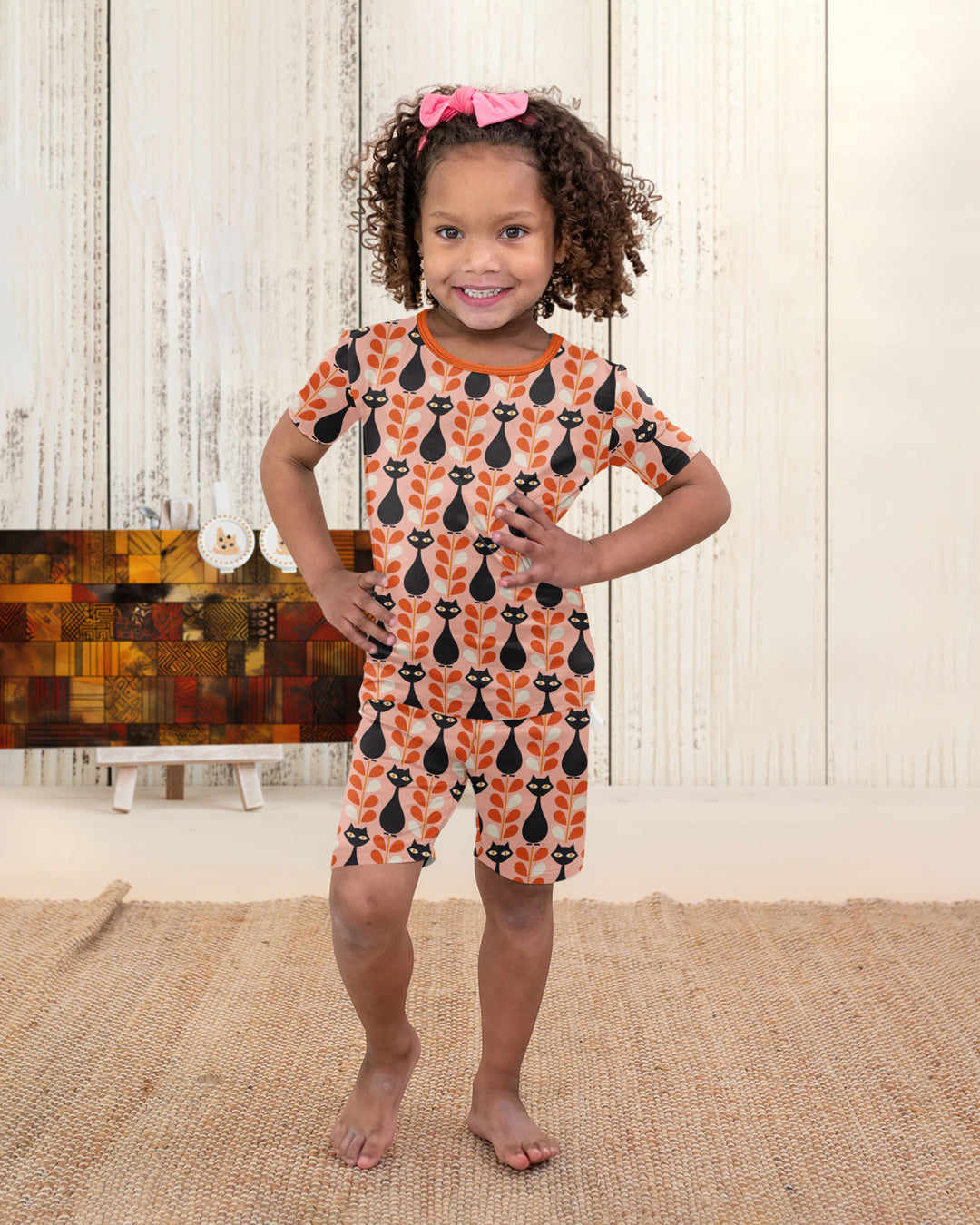 Retro Black Cat Garden Bamboo Two Piece Short Sleeve Shorts Pajama Set