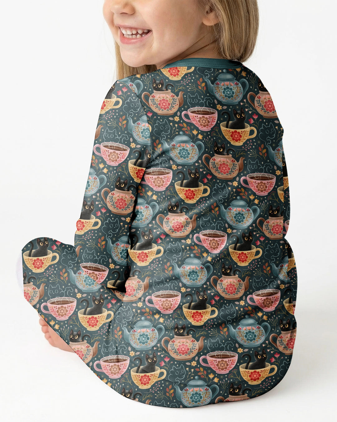 Folk Floral Black Cat Tea Party Bamboo Two Piece Long Sleeve Pajama Set
